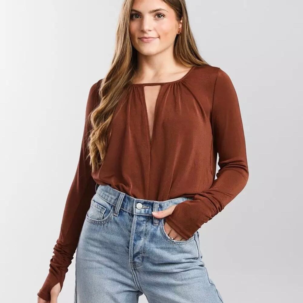 Intimately Free People NWT Kaya Keyhole Long Sleeve Bodysuit size M Mesa Brown